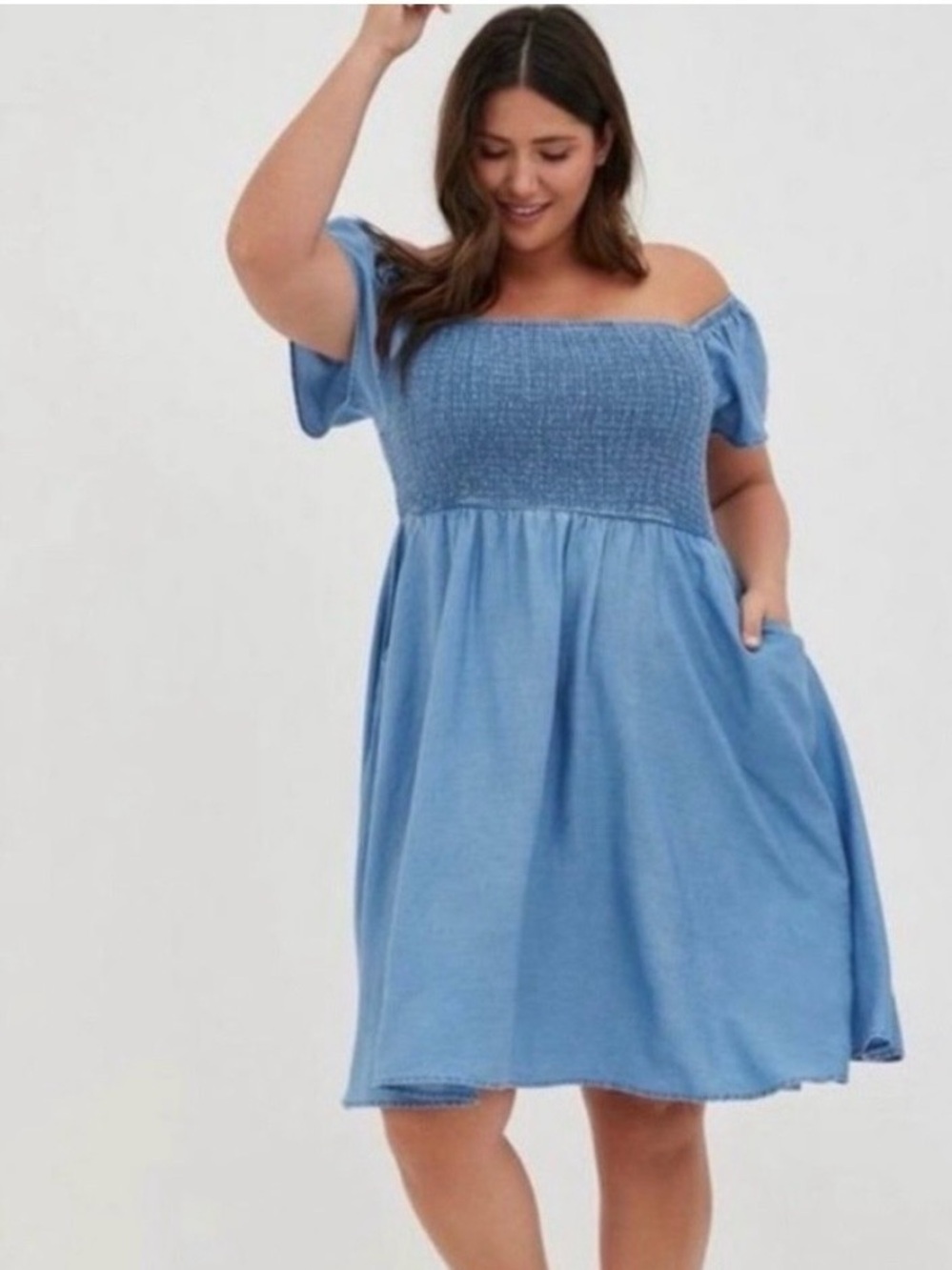 Torrid chambray off-shoulder smocked dress